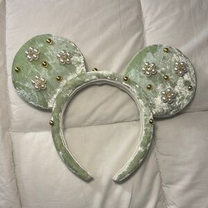 Green Velvet Mouse Ear Headband with Pearls